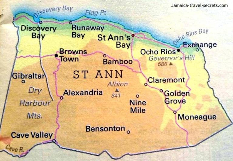 Map of Jamaica 
		showing St. Ann